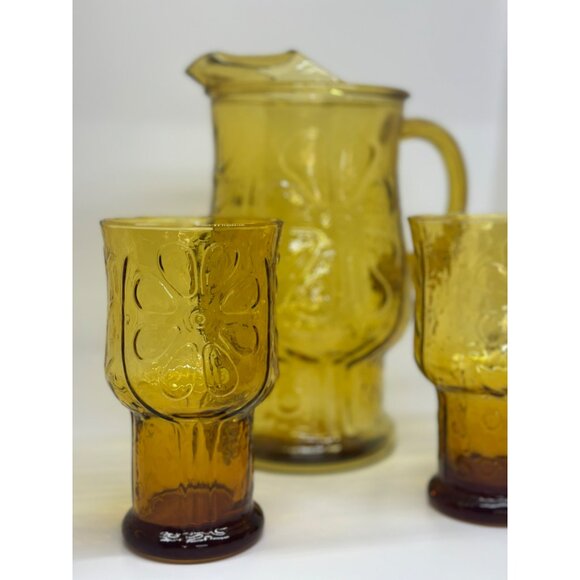 Vintage 1970's Libbey Country Garden Pitcher & 2 Drink Glasses Amber Decor - Picture 2 of 10